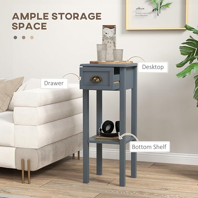 HOMCOM 2-Tier Side Table with Drawer, Narrow End Table with Bottom Shelf, for Living Room, Set of 2, Gray