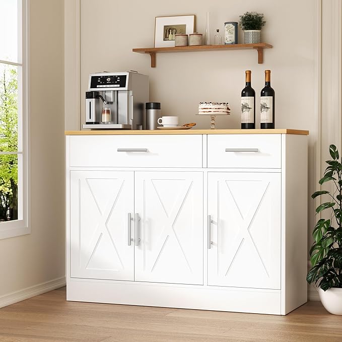 Shintenchi 3 Doors Farmhouse Sideboard Buffet Cabinet,42" Barn Doors Buffet Cabinet with Storage,Wood Coffee Bar Cabinet with Adjustable Shelf for Kitchen,Living Room,White