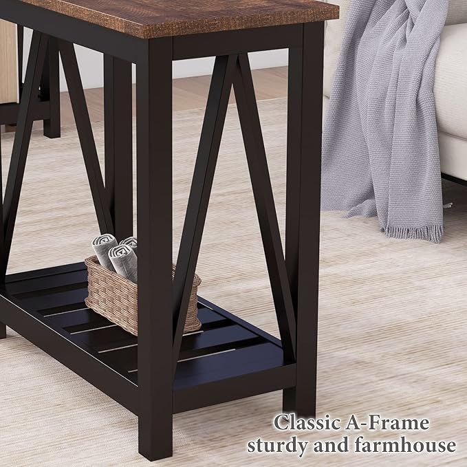 ChooChoo Farmhouse End Table, Rustic Vintage Narrow End Side Table with Storage Shelf for Small Spaces, Nightstand Sofa Table for Living Room, Bedroom Black