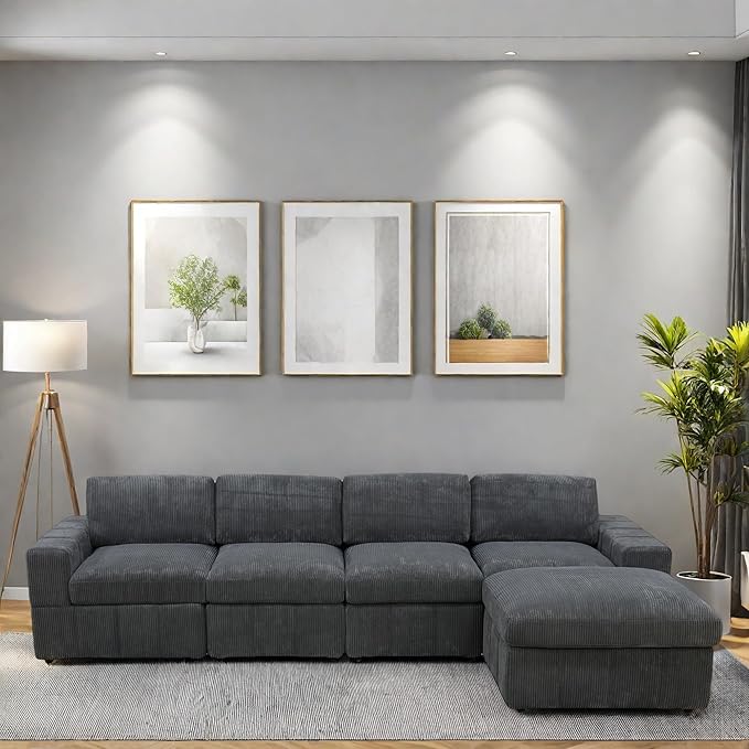 L Shaped Sectional Couches for Living Room, Modular Sectional Couch with Ottoman & Chaise, Modern Lounge Living Room Furniture Sofa for Adults, Dark Grey