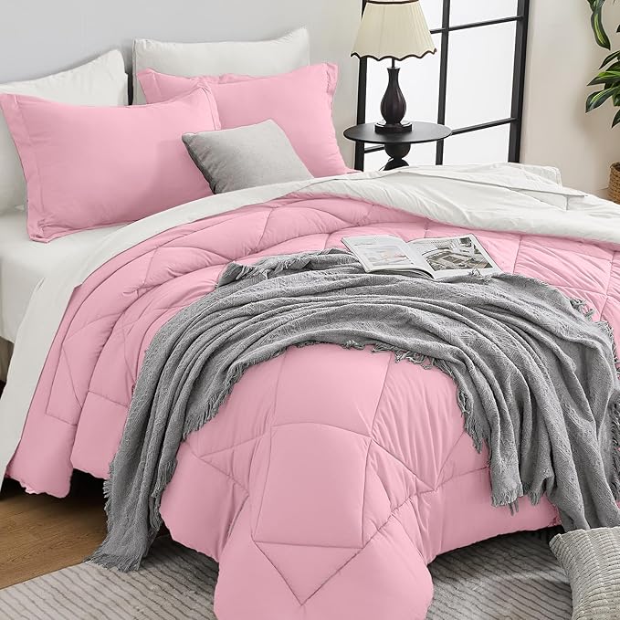 HEVUMYI King Comforter Set - 7-Piece All Season Bed in a Bag King, Ultra Soft Bedding Set with Comforter, Flat Sheet, Fitted Sheet, Pillowcases, Pillow Shams, Pink & Ivory