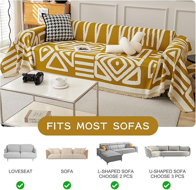STACYPIK Mustard Yellow Boho Sofa Cover Couch Cover Reversible Jacquard Furniture Protector for 3 Cushion Couch L Shaped Sofa Slipcover Non-Silp Sofa Cushion Covers for Sectional with Tassels-91X134IN