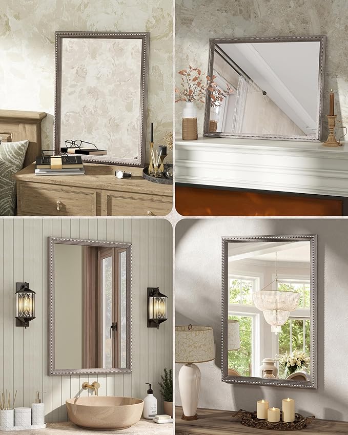 Axeman 22x30 Wood Wall Mirror, Rustic Bathroom Mirror, Vintage Wall Mounted Mirror Tempered Glass with Beaded Wooden Frame for Farmhouse Living Room Vanity Bedroom Entryway, Grey