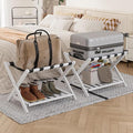 2 Packs Fully Assembled White Luggage Racks with Shoe Shelf, Folding Suitcase Stand with 5 Straps, Wooden Luggage Stand Ideal for Guest Room, Bedroom, Hotel