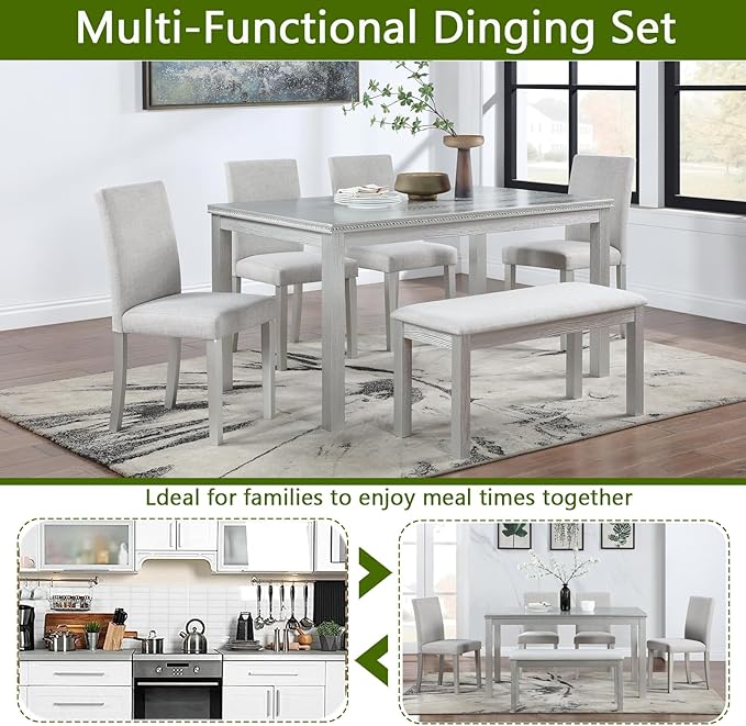Ball & Cast 6 Piece Dining Table Set,Kitchen Table Set for 6 W/ 58.5" Rectangular Wooden Dining Table,Living Room Furniture W/ 4 Upholstered Chairs & 1 Bench,for Dining Room,Kitchen,Silver Grey