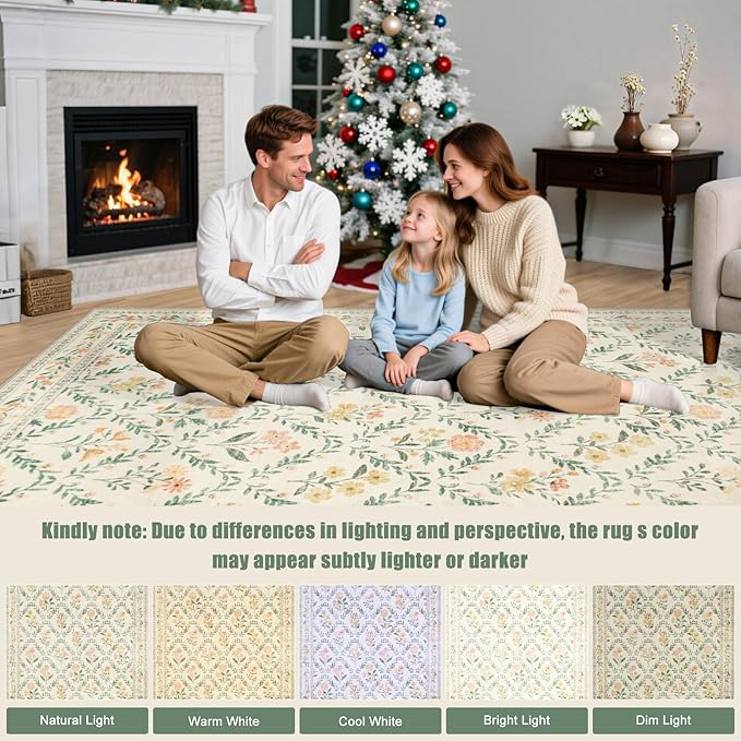 Area Rug Living Room Rugs: Floral 5x7 Washable Rug Vintage Soft Boho Non-Slip Carpet Indoor Stain Resistant Large Carpets for Bedroom Dining Room Farmhouse Nursery Hallway Home Office Beige/Multi