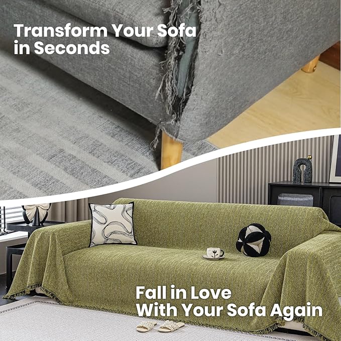 Nobildonna Sofa Cover Washable Soft Thicken Chenille Couch Cover with Tassel,Waterproof Sofa Slipcover for 3-4 Cushion Couch,Sectional Sofa,L-Shaped Furniture Protector Pet-Friendly,Green 91"x134"