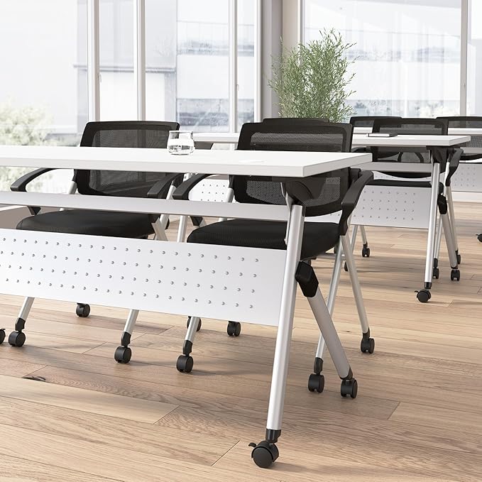 Bush Business Furniture Folding Training Table, 72 inch Desk with Powered Grommets, Commercial-Grade Bundle for Office or Classroom, Envision Collection, White