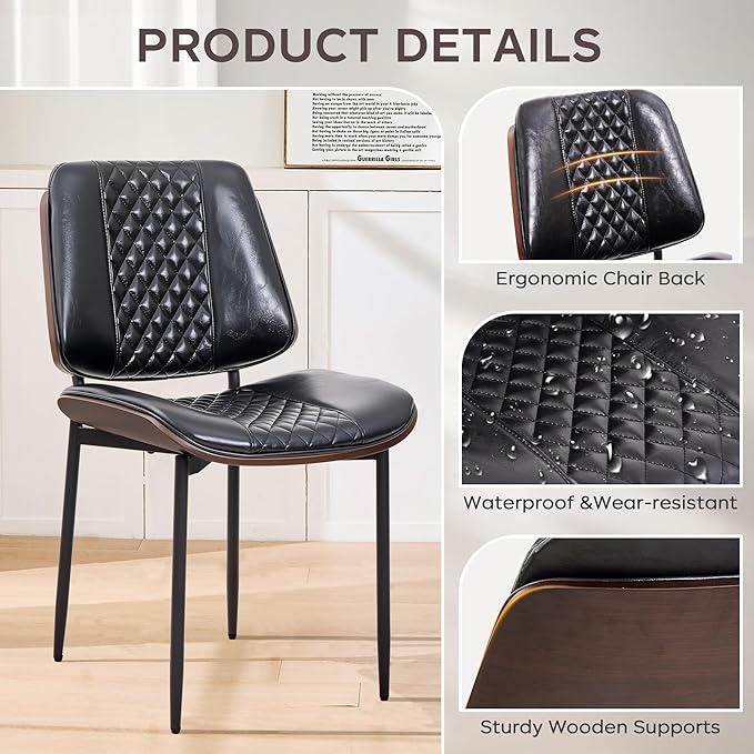 Dining Chairs Set of 4, Upholstered PU Leather Armless Chair, Mid Century Modern Dining Room Chairs, Retro Walnut Bentwood Kitchen Chair with Metal Legs and Adjustable Feet, Black