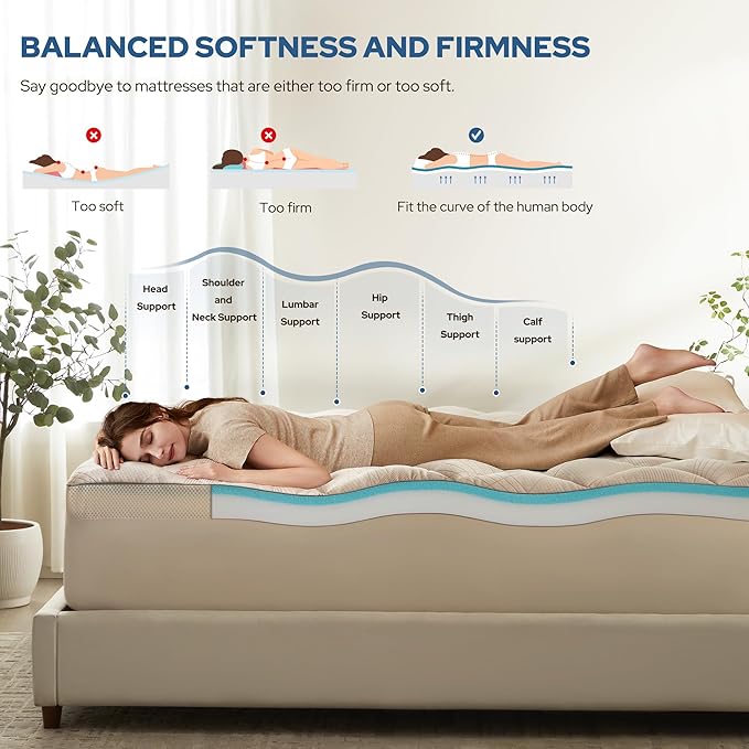 Bedlore 4-Inch King Mattress Topper for Back Pain - Dual Layer Medium Support (2" Gel Memory Foam + 2" Cooling Fluffy Pillow Top Pad), Breathable & Pressure Relief(Beige)
