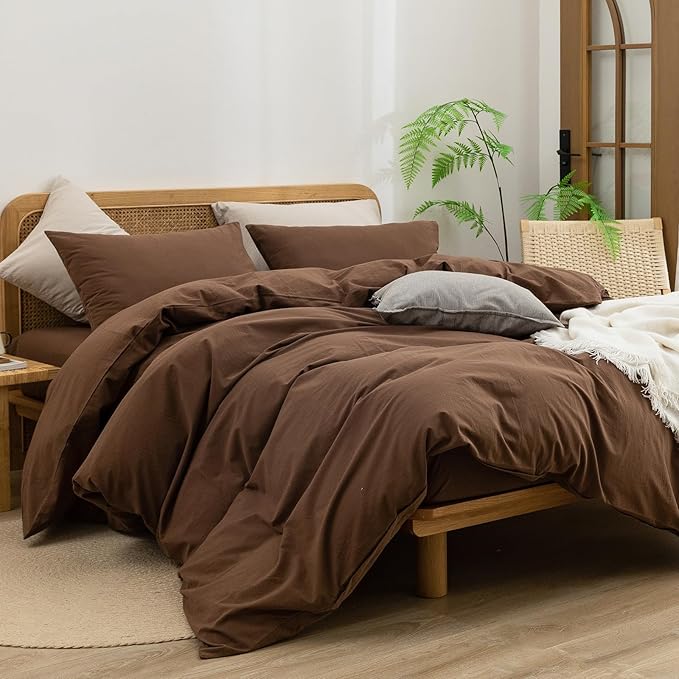 BESTOUCH Duvet Cover Set 100% Washed Cotton Linen Feel Super Soft Comfortable Chic Lightweight 3 PCs Home Bedding Set Solid Cocoa Brown Super Queen