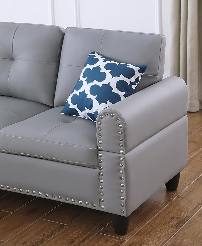 Ball & Cast 98" L Shaped Sectional Couch for Living Room with Storage Ottoman&Nailhead Trim,4 Seat Faux Leather Upholstered Modular Sectional Sofa Set 3 PCS W/Chaise&Cup Holders,for Home,Office,Gray
