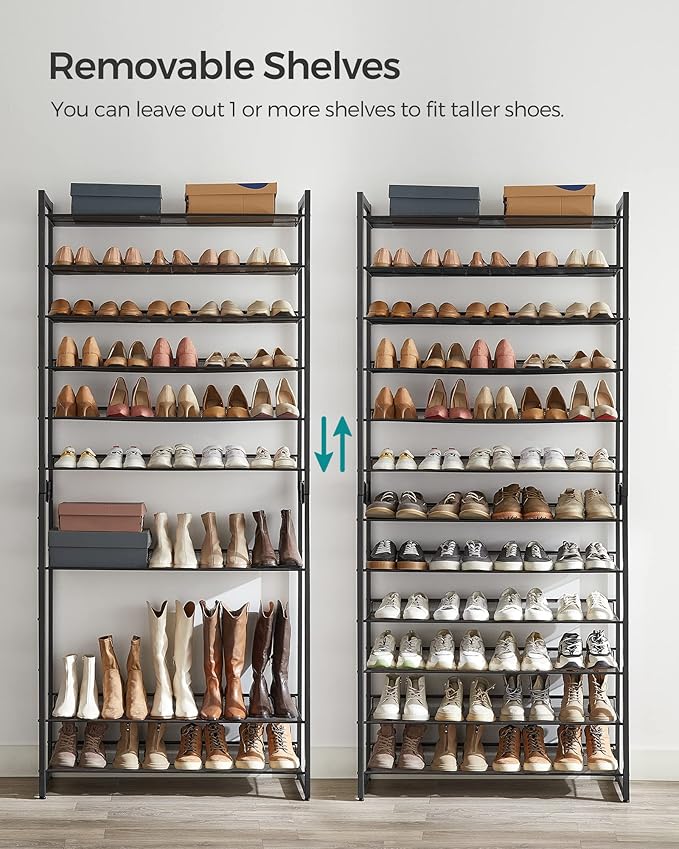 SONGMICS Shoe Rack, 12-Tier Shoe Organizer, Metal Shoe Storage for Garage, Entryway, Set of 2 6-Tier Stackable Shoe Shelf, with Adjustable Flat or Angled Shelves, Holds 48-60 Pairs, Black ULMR12B
