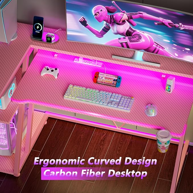47 Inch Pink Gaming Desk with Power Outlet & LED Lights, Corner Computer Desk with 3 Tiers Storage Shelves, L Shaped Gaming Desk with Monitor Stand for Bedroom
