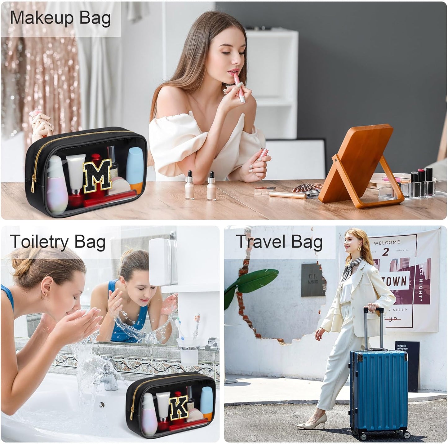 YOOLIFE Initial Makeup Bag Travel Toiletry Bag Clear Makeup Bag Cosmetic Bags Travel Essentials Gifts for Girls Teen Girlfriend Teacher Birthday Birthday Gifts for Kids Black Graduation Gifts A