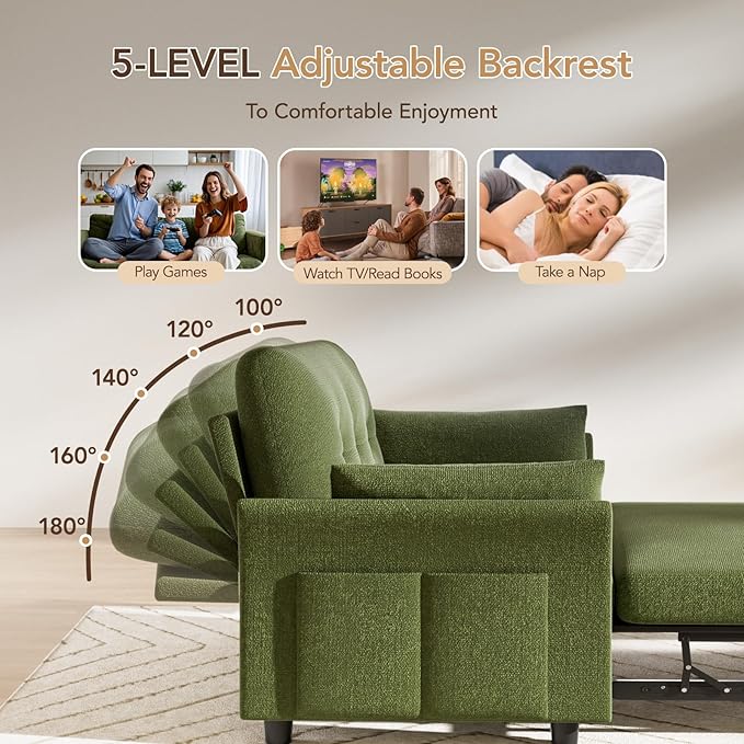 Vipbear 3-in-1 Chenille Convertible Sofa Bed, Pull Out Sleeper Sofa with Side Pocket & Adjustable Backrest, Tool-Free Assembly, Folding Loveseat for Living Room, Apartment, Green