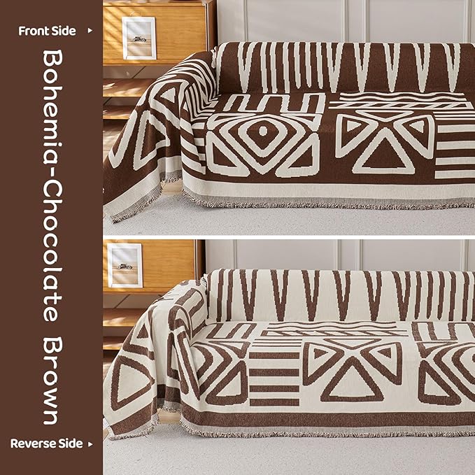 STACYPIK Boho Sofa Cover for Pet, Chocolate Geometric Couch Cover for Sectional, Washable L Shape Cover, Dog Couch Protector for 3 Cushion Couch, Non Slip Jacquard Sofa Silpcover with Tassles-71X150IN
