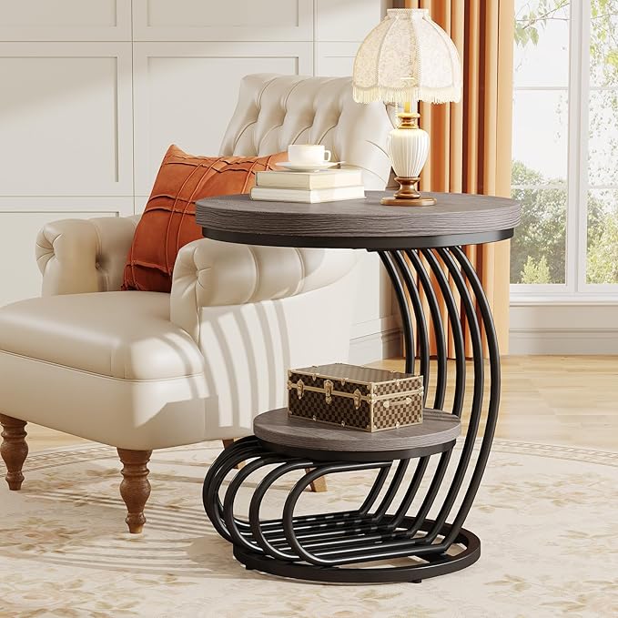 Tribesigns Round End Table: 2 Tiers Wood Side Table Set of 2 with Storage Shelf, Rustic Gray Bedside Nightstand, Accent Table for Living Room, Bedroom