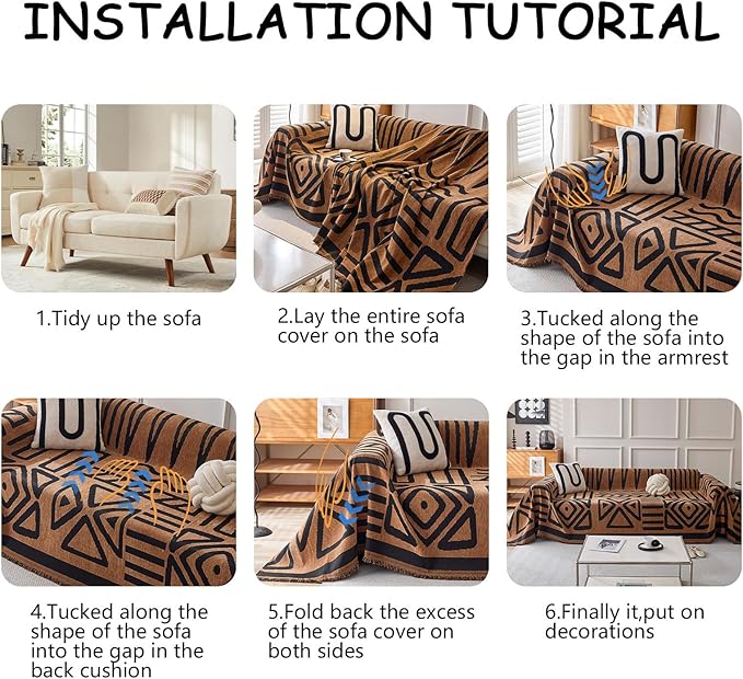 HANDONTIME Boho Geometric Couch Covers for Sofa Pet Friendly Brown and Black Sofa Covers Washable Chenille Couch Blanket Cover for 2 3 Cushion Couches Pet Protector Furniture Cover Soft, 71" X 118"