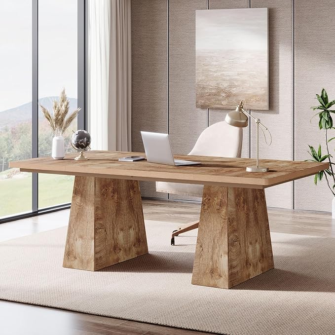 Tribesigns 63-Inch Executive Desk, Large Office Computer Desk with Double Pedestal, Modern Simple Workstations Writing Table Conference Table Business Furniture for Home Office, Natural