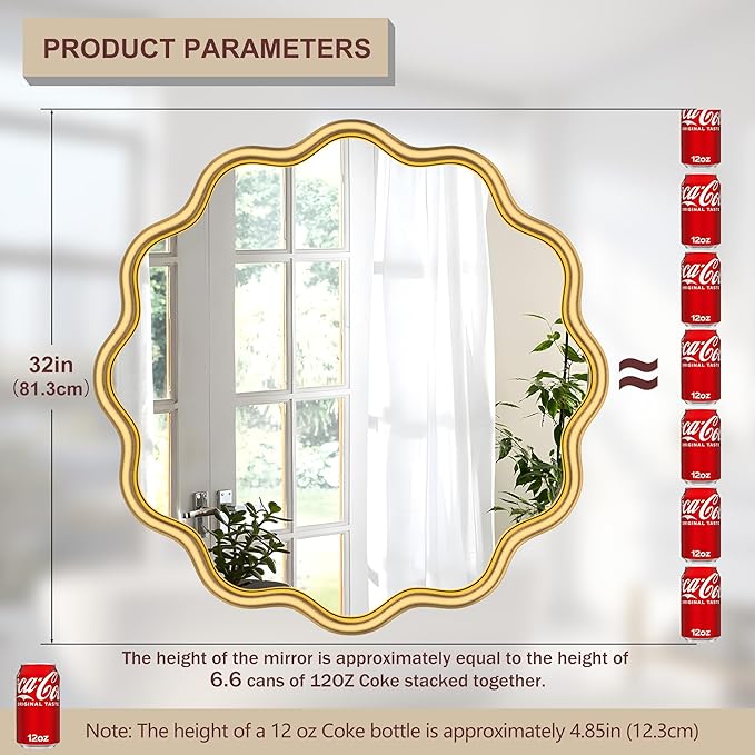 PROHOMEWARE Gold Round Mirror 32 Inch Wavy Bathroom Vanity Mirror Gold Frame Modern Wall Mirror Decorative Wall-Mounte Anti-Rust, Tempered Glass