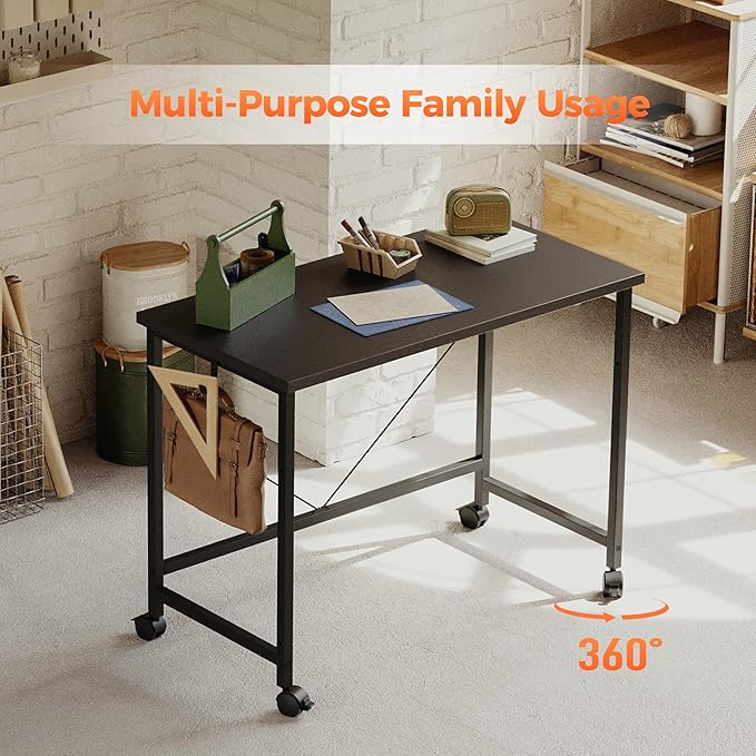 Rolling Computer Desk with Wheels, Gaming Desk for Small Spaces, Modern Simple Style Table for Home Office, Study Writing Table (Caster, Black, 48 inch)