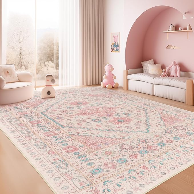 zesthome 8x10 Area Rugs for Girls Bedroom, Non-Slip Backing Washable Rugs, Vintage Large Pink Rug, Stain Resistant Nursery Room Rug (Pink/Blue,8'x10')