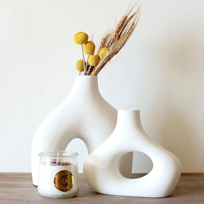 Carrot's Den Donut Vase, Set of 2 - White Large Ceramic Vase - Minimalist Nordic, Hollow | Table Centerpiece, Olive Plant, Wedding, Living Room, Bookshelf, Office, Modern Home, Entryway, Console