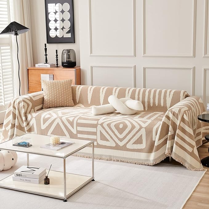 STACYPIK Durable Khaki Couch Covers for Dog Boho L Shape Armchair Slipcovers Tassels Couch Protector for 1 Cushion Couch Reversible Geometric Sofa Cover Anti Slip Multi-Use Couch Cover Blanket-71X71IN