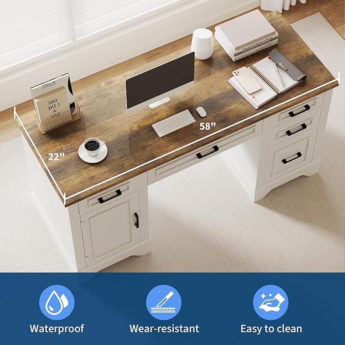 Executive Office Desk, Farmhouse 58" Office Desk with Storage, Wood Executive Computer Desk with Keyboard Tray, File Drawer, Storage Cabinet for Home Office Remote Work-Antique White