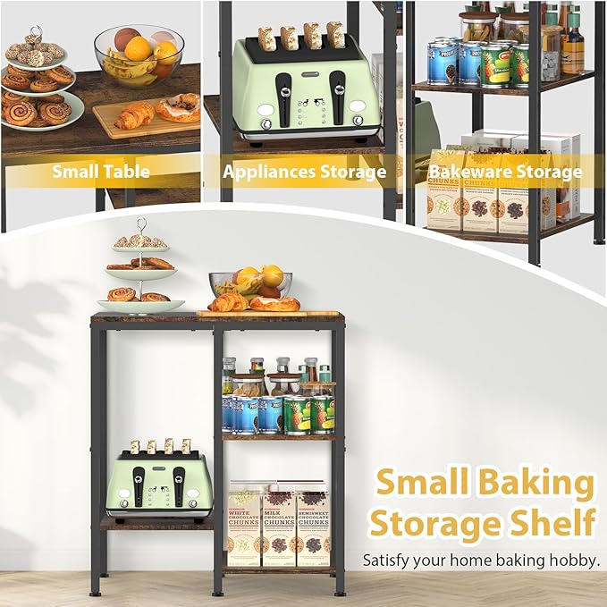 Kitchen Microwave Stand,4-Tier Adjustable Bakers Rack,Multi-Purpose Kitchen Storage Cart for Coffee Station,Space-Saving Metal Appliance Shelf for Living Room,Rustic Brown