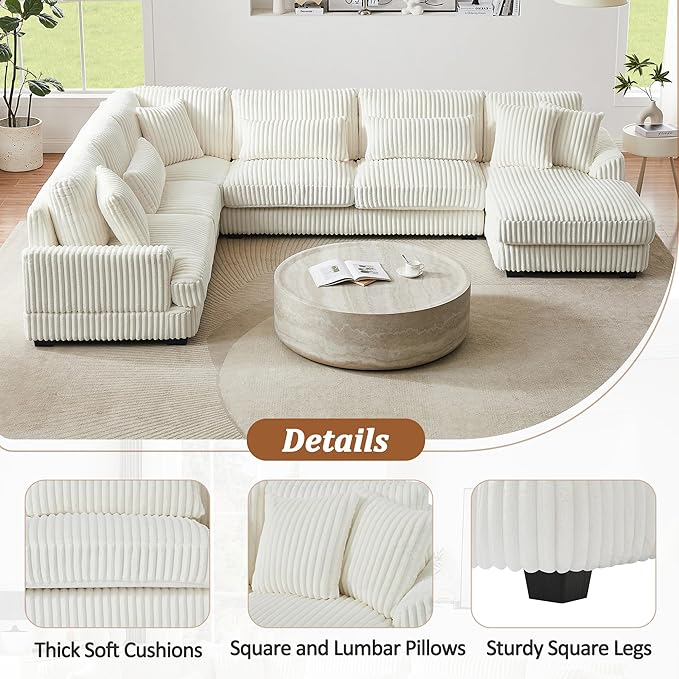 129" Oversized U Shaped Modular Sectional Sofa Couch for Living Room 7 Seater Plush Corduroy Upholstered Large Sofa Deep Seat Cloud Couch with Extra Wide Chaise Lounge and Detachable Thick Cushions