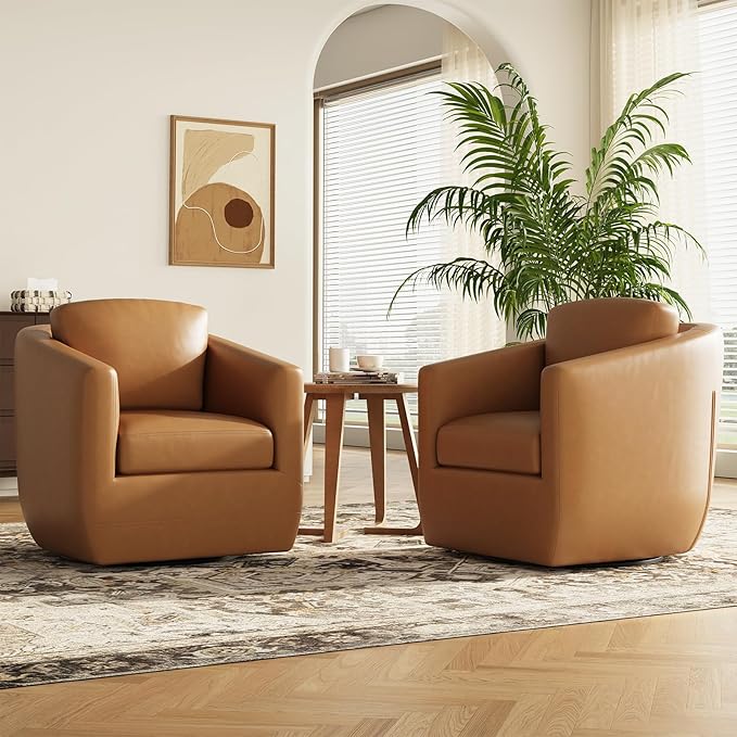 COLAMY 360° Swivel Accent Chair Set of 2 with Pillow - Comfy Living Room Armchair No-Sag Foam & Sturdy Metal Base, Fully Assembled Swivel Accent Single Sofa for Bedroom Living Room, Office, Brown