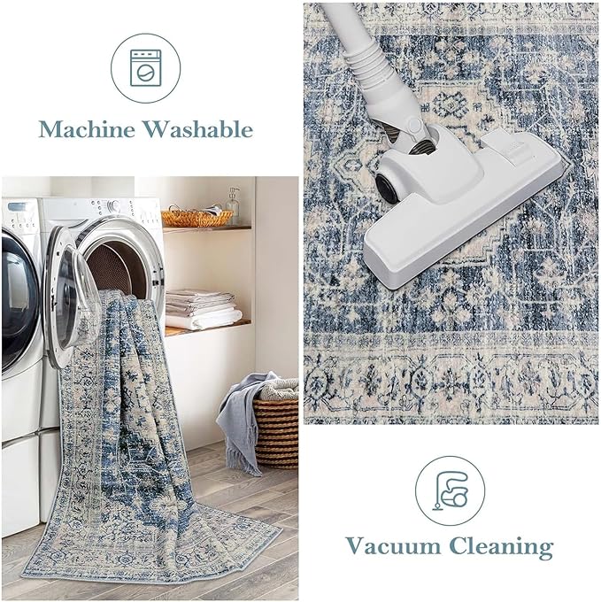 Lahome Oriental Washable Kitchen Runner Rug, 2x6 Carpet Runners for Hallway 6ft Non Skid, Vintage Soft Hallway Rug for Bathroom Bedroom Entryway, Blue