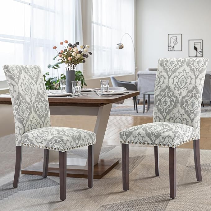 COLAMY Upholstered Parsons Dining Chairs Set of 2, Fabric Dining Room Kitchen Side Chair with Nailhead Trim and Wood Legs - Grey/White Flower