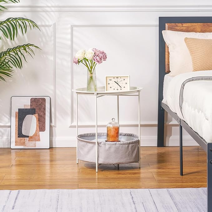 VECELO Round Side/End Table with Fabric Storage Basket，Metal Anti-Rust and Waterproof Small Bedside Nightstand with Removable Tray Top for Living Room，Balcony & Laundry，Beige/1pcs with Basket