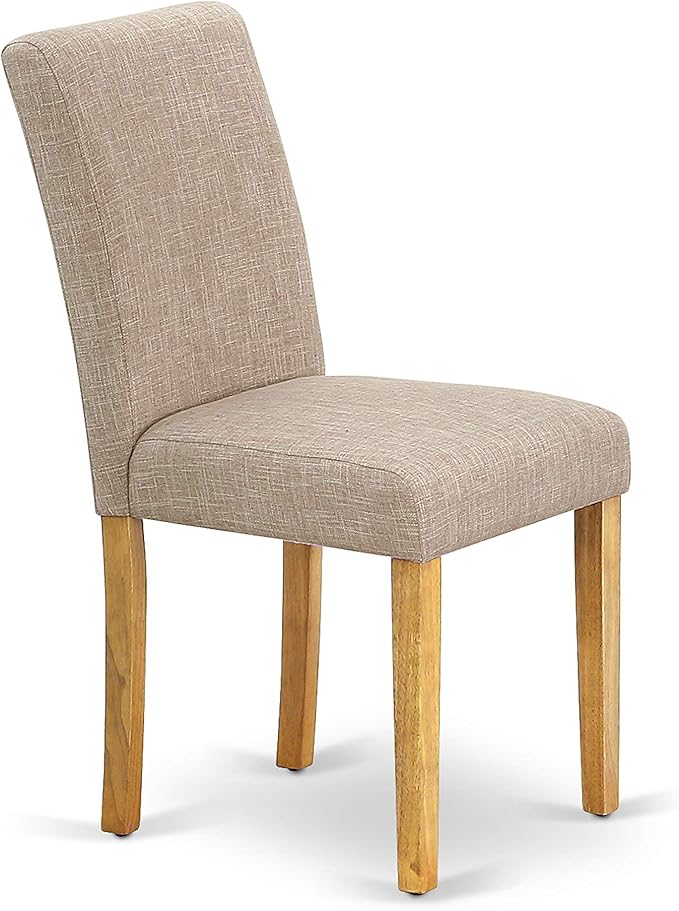 East West Furniture DLAB3-OAK-04 3 Piece Dining Room Furniture Set Contains a Round Dining Table with Dropleaf and 2 Light Tan Linen Fabric Parsons Chairs, 42x42 Inch, Oak