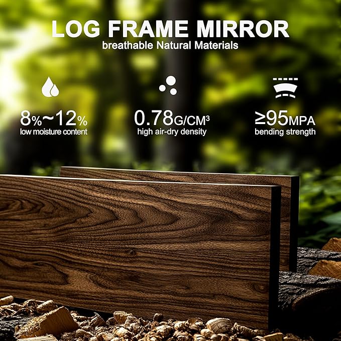 36x24 Inch Handcrafted Solid Wood Square Wall Mirror with Geometric Wood Inlay Design, Rustic Natural Texture for Bathroom, Bedroom, Living Room Decor