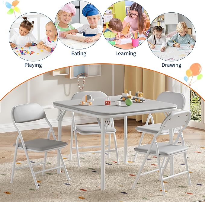 GarveeHome 5-Piece Kids Folding Table and Chairs Set, Toddlers Children's Activity Table and Chairs Set for Dining Room,Daycare,Classrooms