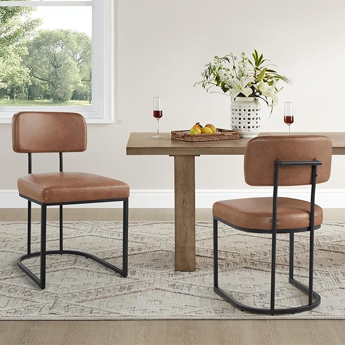 Dining Chairs Set of 6, Upholstered Modern Kitchen Chairs with Ergonomic Backrest, Faux Leather Cushion Seat & Metal Legs for Living Room, Restaurant, and Café, Brown, 2 Boxs