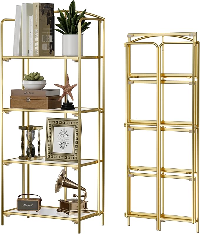Crofy No Assembly Folding Bookshelf for Living Room, 4 Tier Gold Collapsible Book Shelf for Home Office, Portable Bookcase Storage Organizer