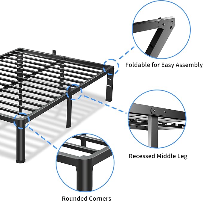 18 Inch Twin XL Bed Frame, 3500Lbs Heavy Duty Metal Platform with Round Corner Legs Mattress Slide Stopper, Steel Slat Support No Box Spring Needed, Noise Free, Non-Slip, Easy Assembly