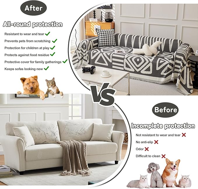 HANDONTIME Reversible Sofa Cover Boho Geometric Couch Cover for Dogs Dark Grey Couches Covers Washable Chenille Couch Covers for 3 Cushion Couch Pet Friendly Furniture Protector for Pets, 91" X134"