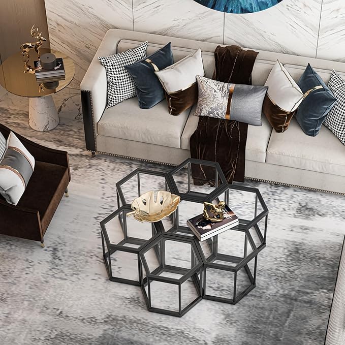 Coffee Table Glass Modern Coffee Table, Hexagon Free Combination Glass Center Table Small End Tables with Metal Frame for Living Room Set of 3