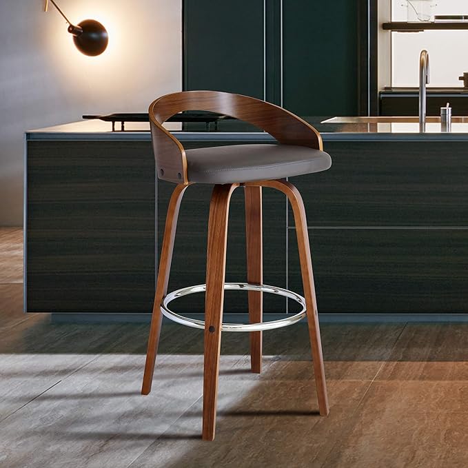 Armen Living Sonia 26" Counter Height Swivel Gray Faux Leather and Walnut Wood Bar Stool - Set of 2