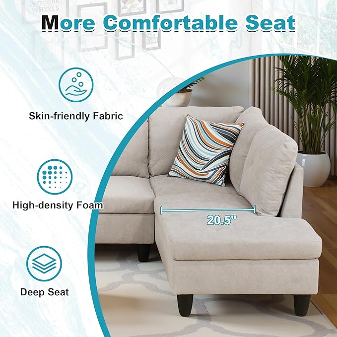 97" Oversized Sectional Couch, L Shaped Couch with Storage Ottoman, Modern Modular Sofa with Deep Seat, Sectional Couches for Living Room and Office, Off-White (Flannelette)
