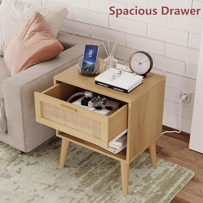 Irontar 17.7''L Nightstand Set of 2, Bedroom Night Stand with Charging Station & Rattan Drawer, Boho Style Bed Side Tables with Solid Legs, Accent End Table with Open Storage, Natural BZZ007ME02