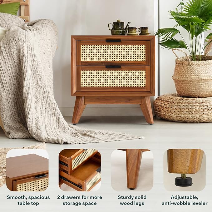 Bme Jasper Deluxe Solid Wood Rattan Nightstand Fully Assembled - Mid Century Modern Side Table with 2 Drawers - Multipurpose use for Living Room, Bedroom - Dark Chocolate