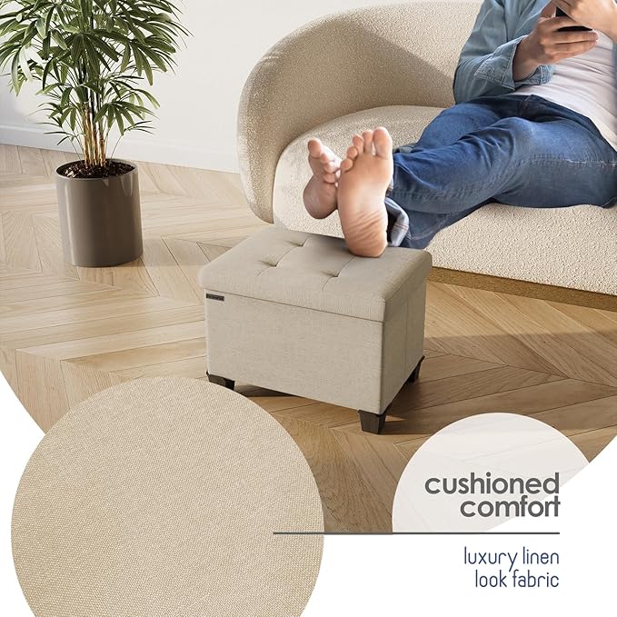 STORAGEBUD Storage Ottoman Cube with Small Bin, 16-in Square Ottoman with Storage for Living Room and Bedroom, Small Ottomans Foot Rest, Fabric Foot Stools Ottomans Max 330lbs, Beige