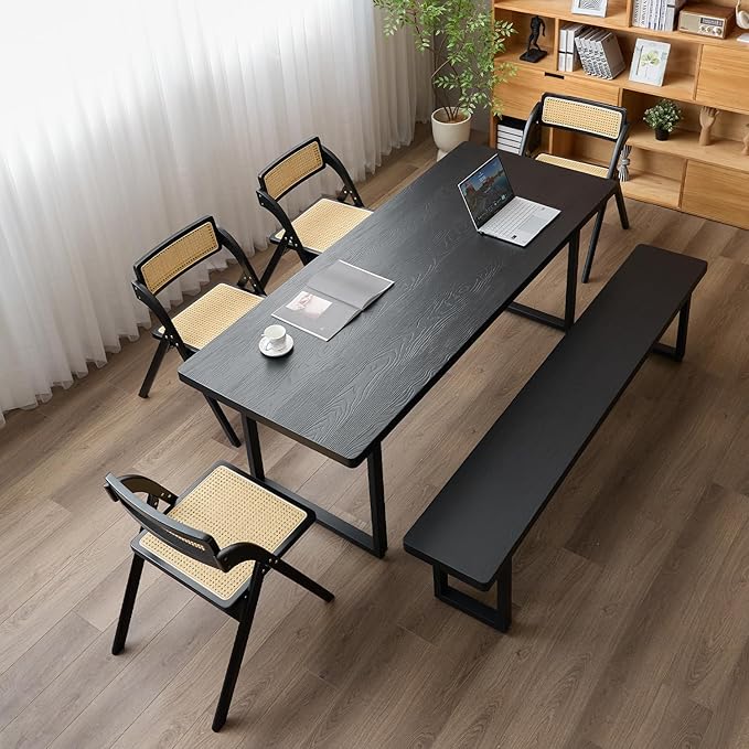 Modern Solid Wood Dining Table with Metal Base Stylish Durable Dining Room Table in Black Multiple Sizes Home Use Office Desk(70.87in)